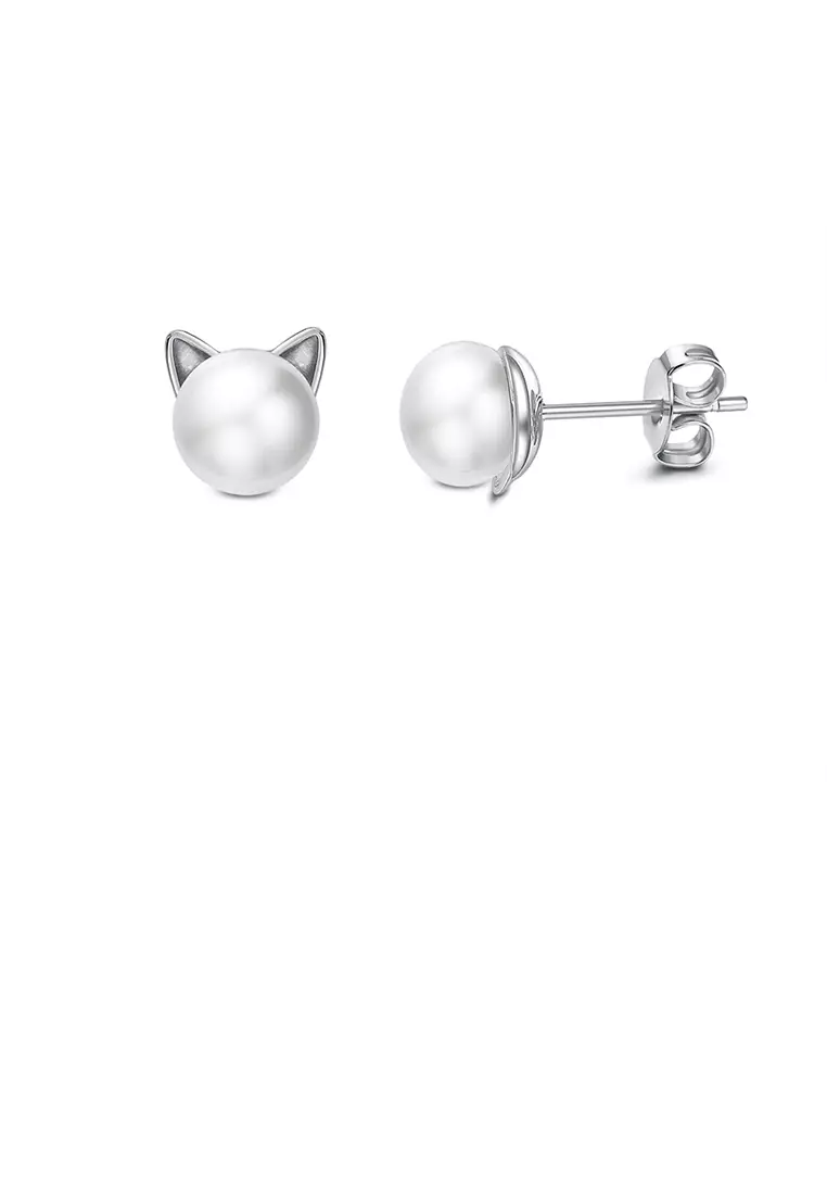 Buy Glamorousky 925 Sterling Silver Cute Cat Pearl Stud Earrings