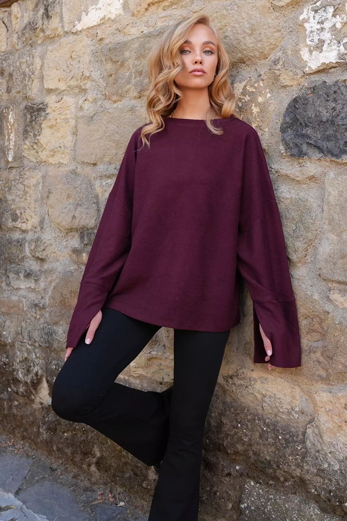 Women's Burgundy Stand Collar Batwing Sleeve Cuff Slit Wide Cut Blouse Alc-X14434