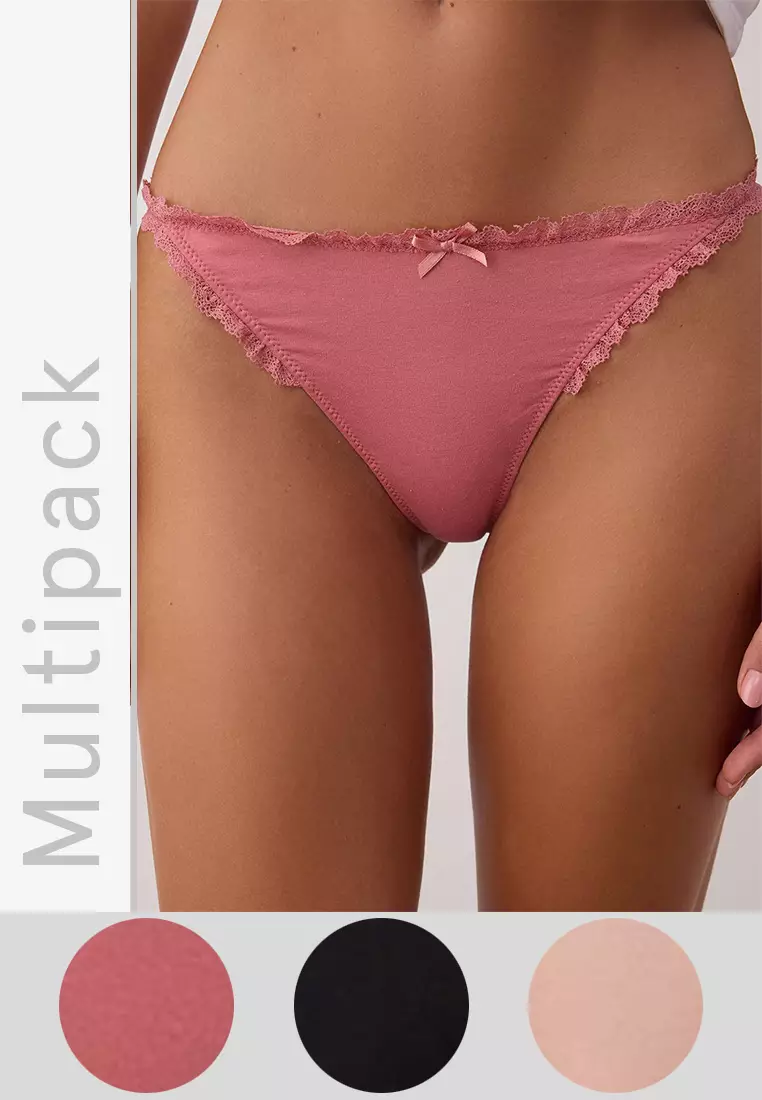 Pink-Multicolored 3-Pack Cotton Ribbon/Bow And Lace Detailed Knitted Thong Panties Thmaw26Ku00007