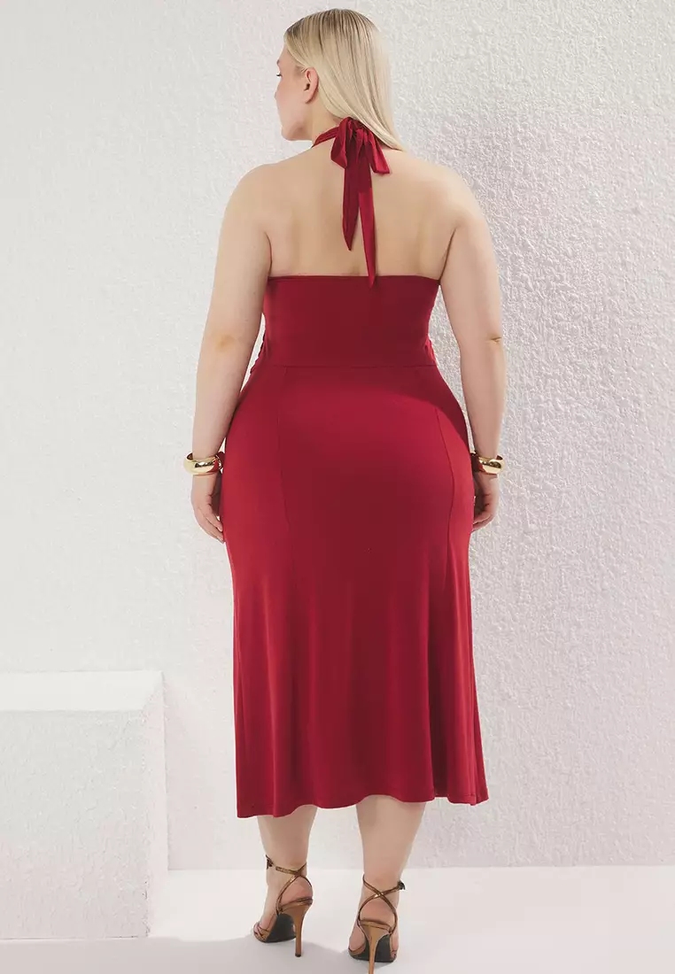 Burgundy Neck Tie A-Line Knitting Plus Size Dress Tbbss25Ah00177