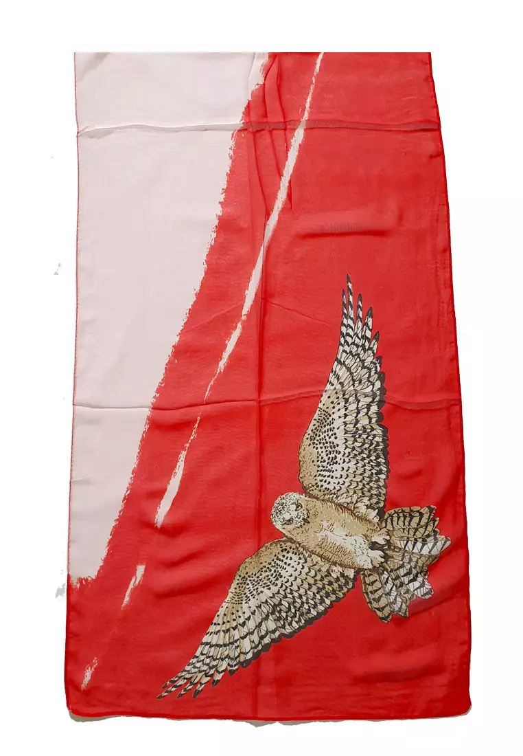 Bohemian Owl Silk-Feel Scarf Red & Pink