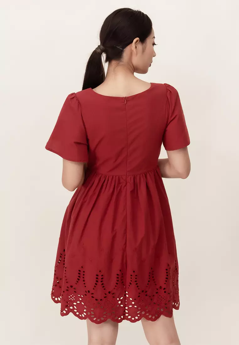 Plain B. Plain B. Square Neckline Short Sleeve Flare Mini Dress Red ...