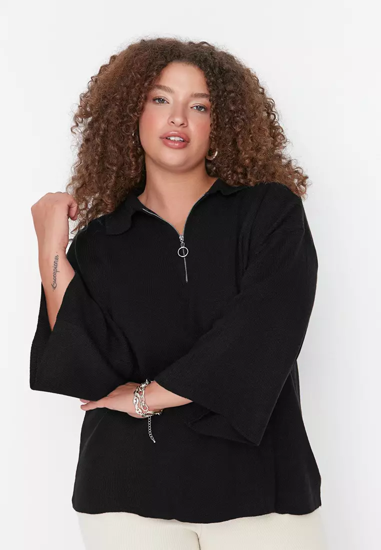 Black Polo Collar Zipper Detailed Knitwear Sweater Tbbaw23An00056