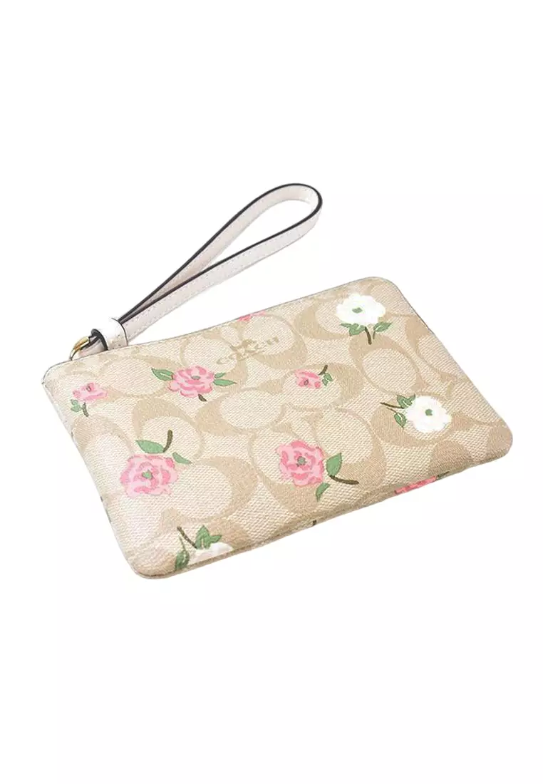 Corner Zip Wristlet In Signature Canvas With Floral Print - Light Brown