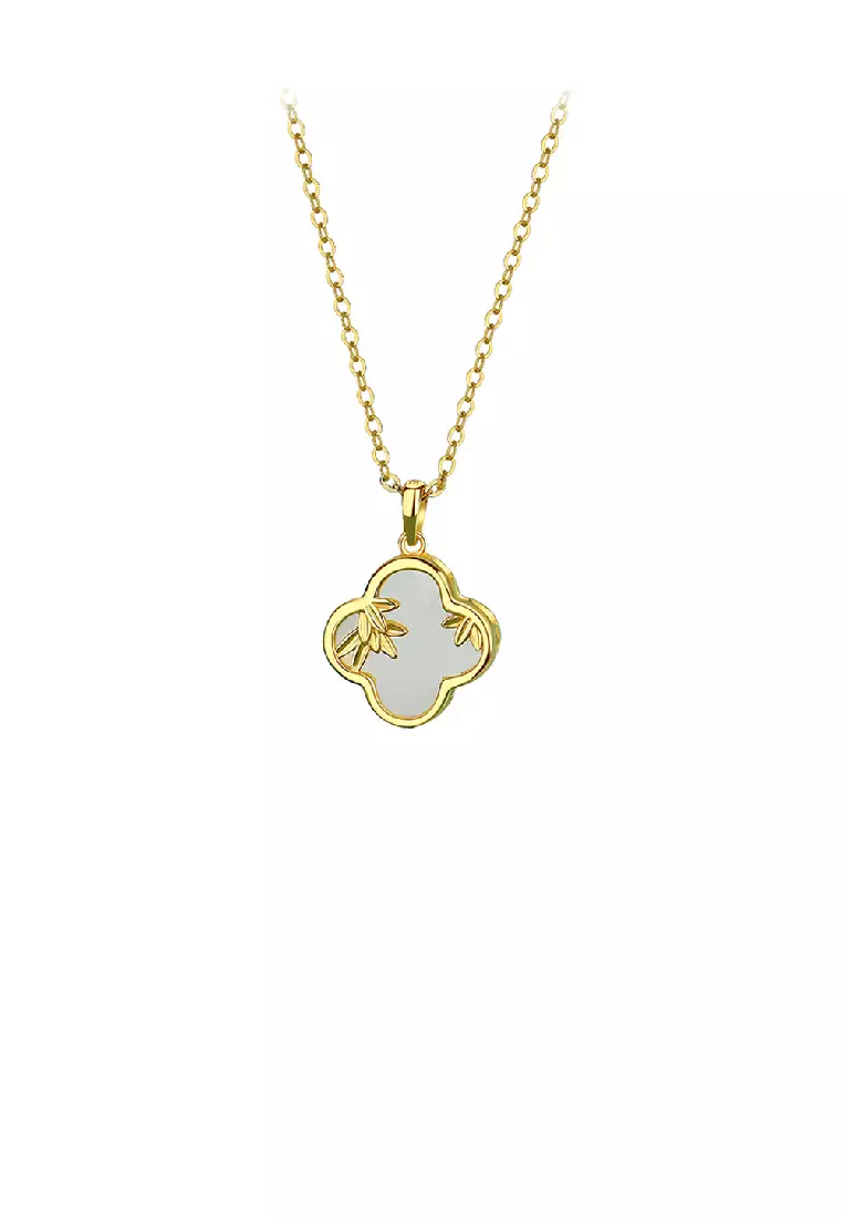 925 Sterling Silver Gold Plated Simple Vintage Leaf Four leafed Clover Pendant with Necklace