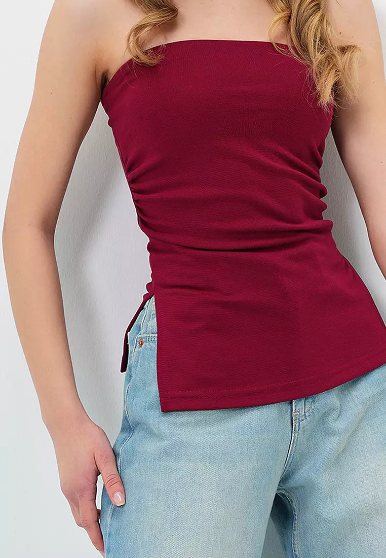 Women's Burgundy Strapless Side Slit Steel Knit Blouse Alc-X13752