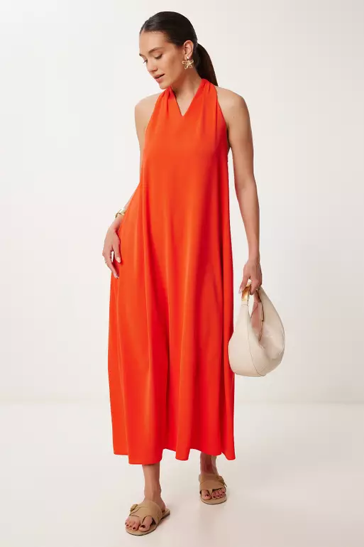 Women Orange Halter Neck Draped Long Stylish Dress Gk00014