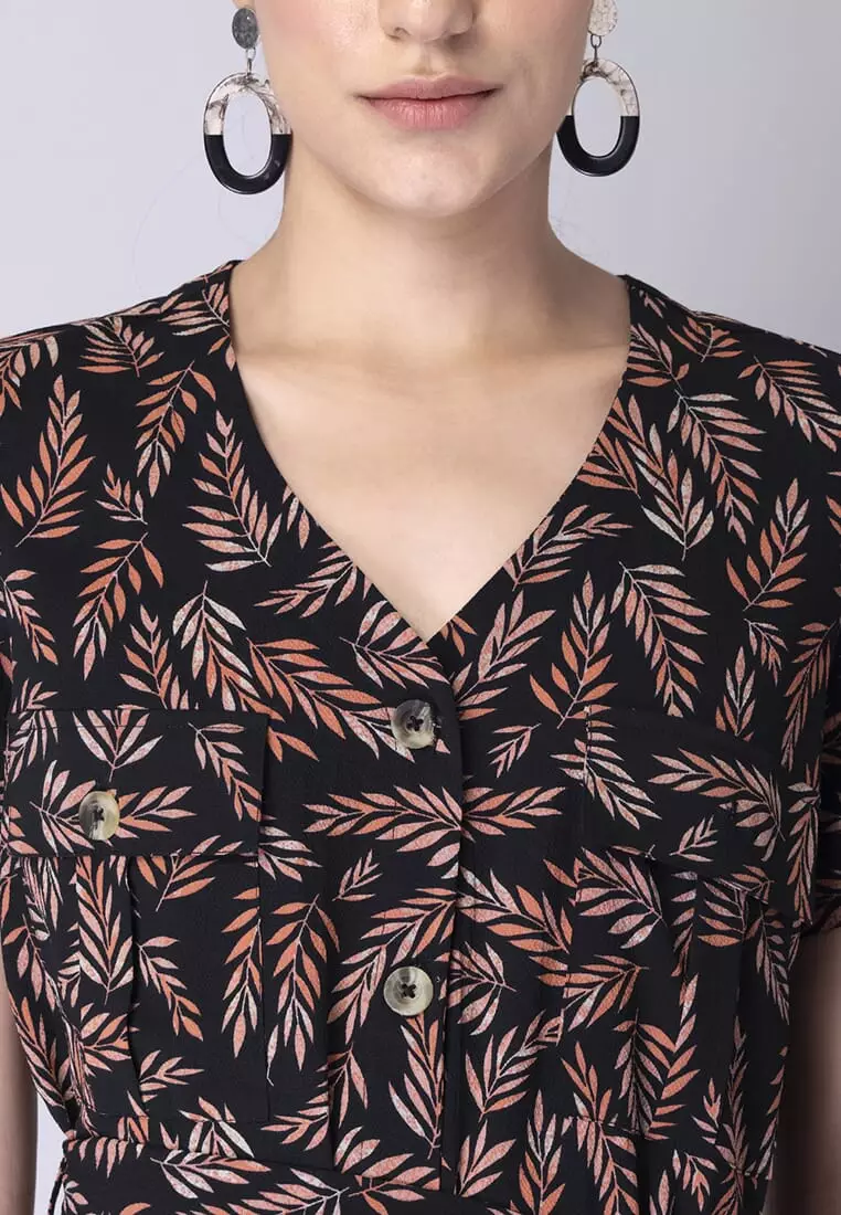 Black Tropical Button Down Belted Midi Dress