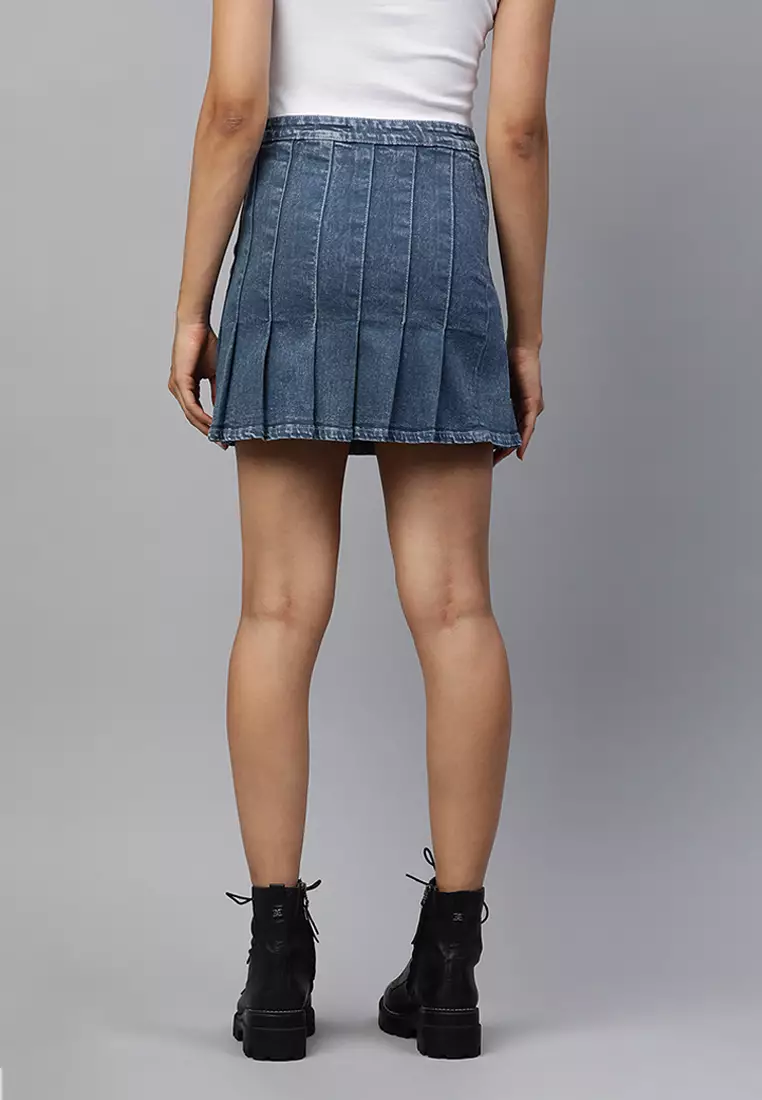 Acid Blue Pleated Denim Mini Skirt