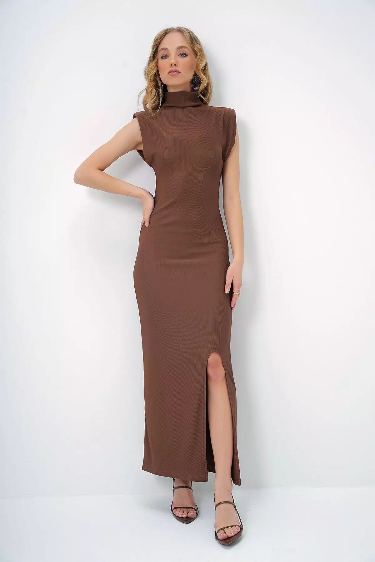 Women's Brown Stand Collar Padded Sleeveless Midi Length Slit Dress