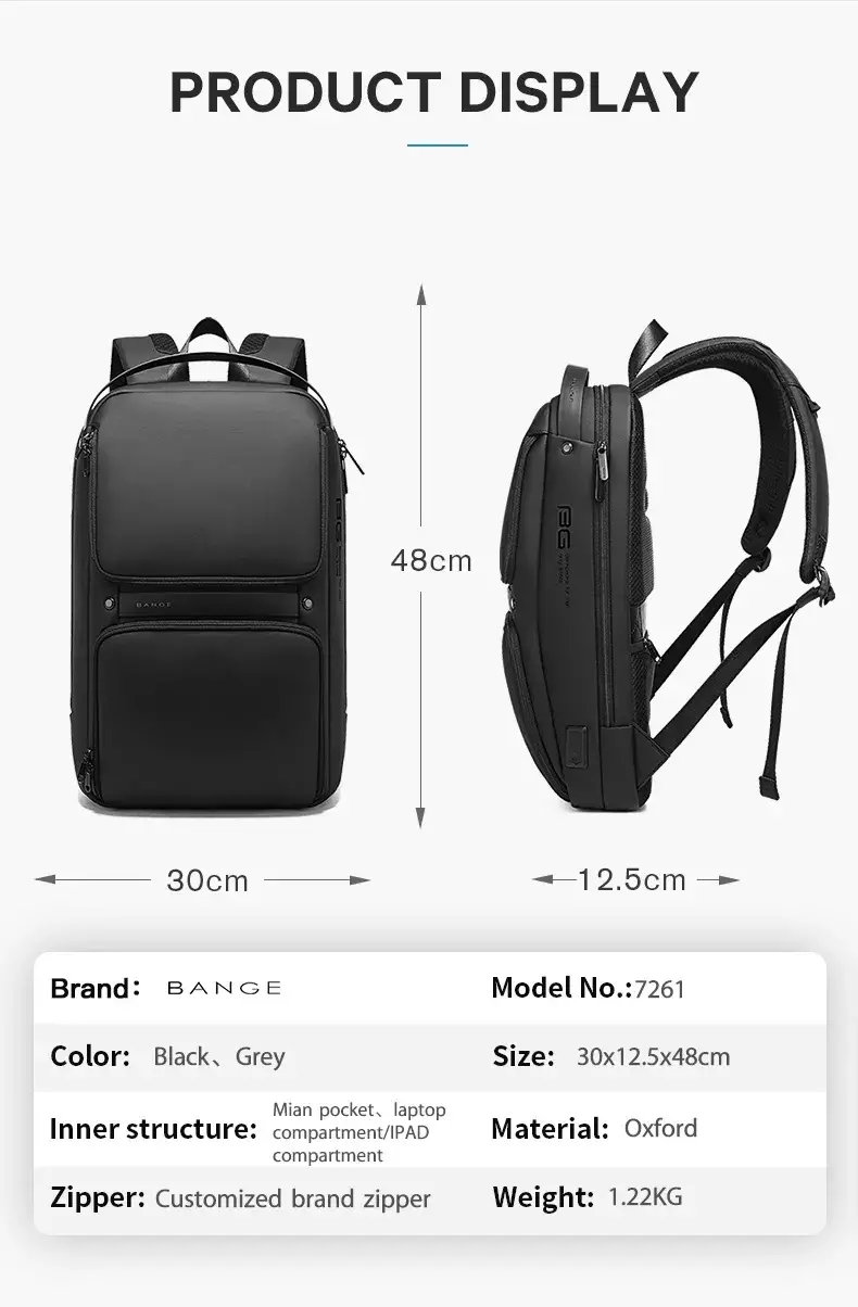 Bange BG7261 Tas Ransel Backpack Laptop Kerja pria 15.6 Inch Anti Theft Lock USB - BLACK