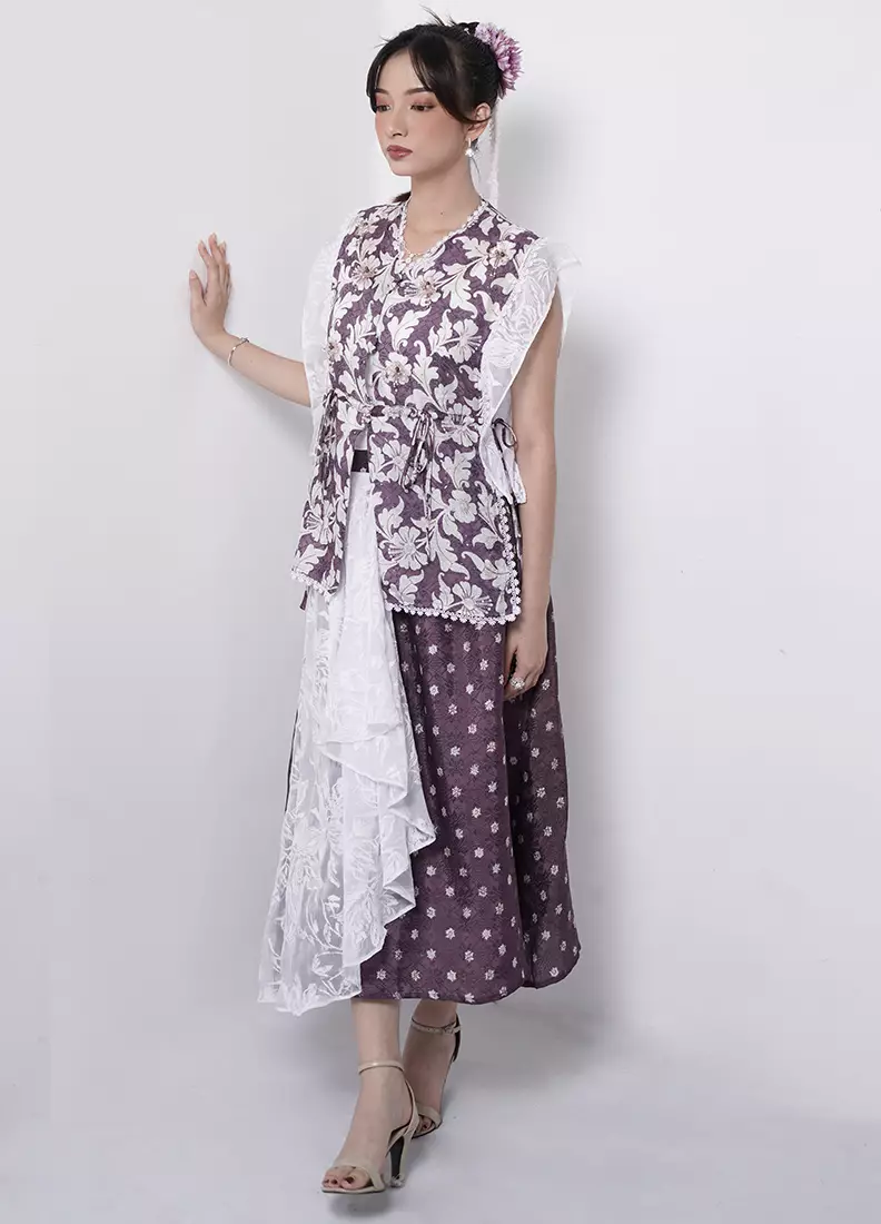 Setelan Batik Cap Atasan Outer Cardigan dan Rok Skirt Wanita Merona Spesial JFW Collection Ameera Mauve