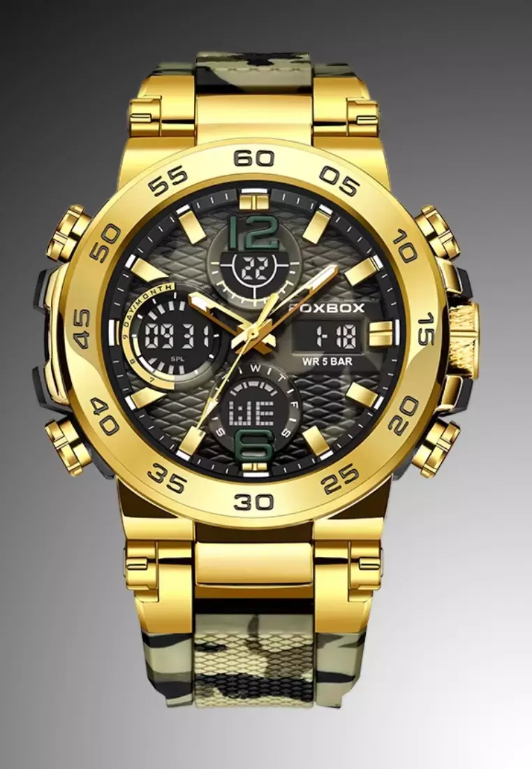 FOXBOX Military Style Chronograph, Unisex Digital/Analogue Quartz Watch, Camouflage Silicone