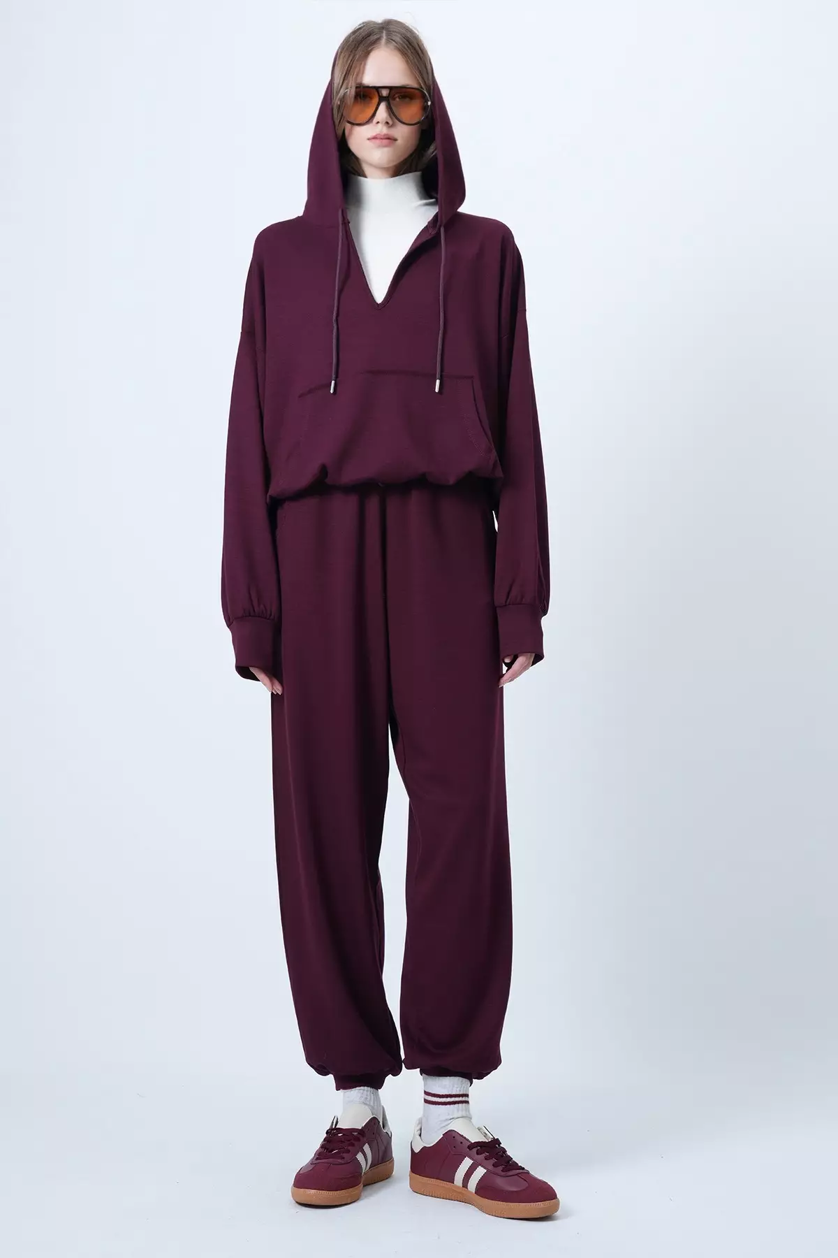 Burgundy Hooded V-Neck Oversize Modal Sweatshirt And Trousers Set Alc-X14646