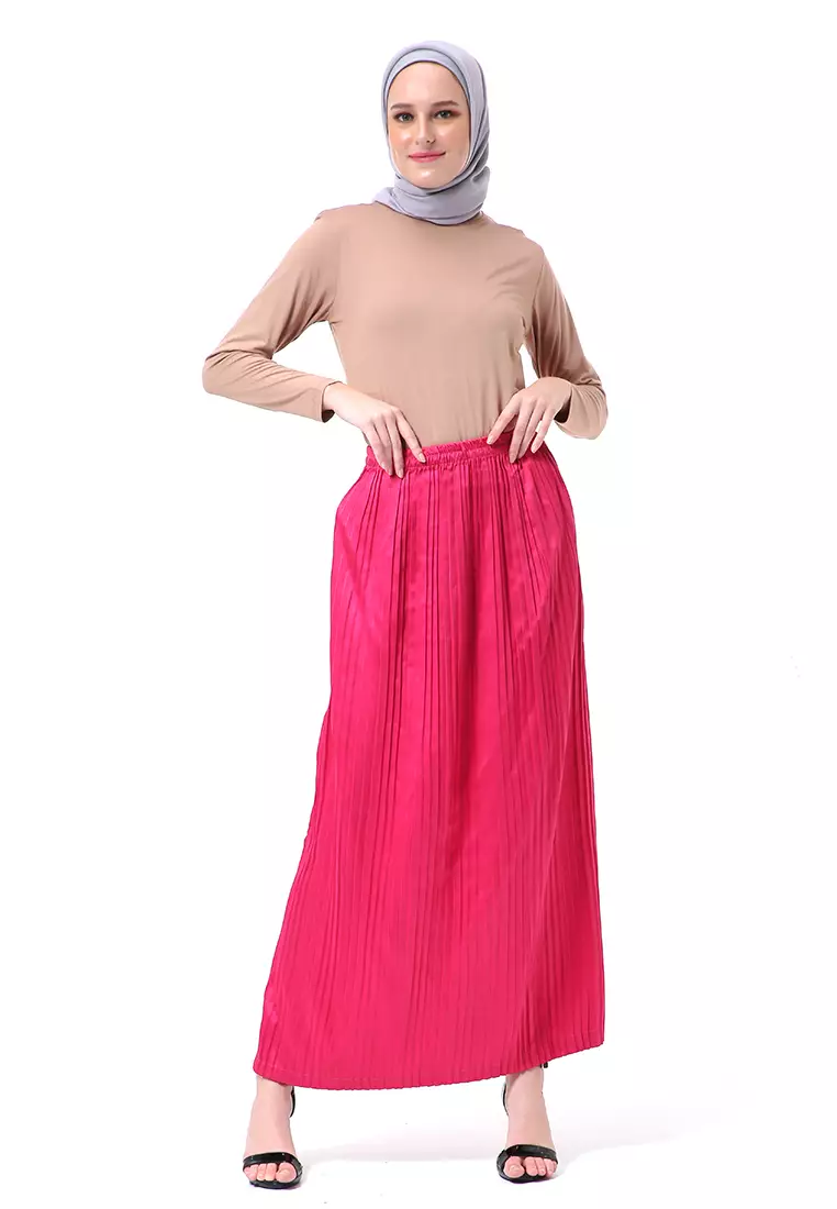 Angely Rok Plisket Rubbery Waist Fashion Wanita Simple - Pink Fanta