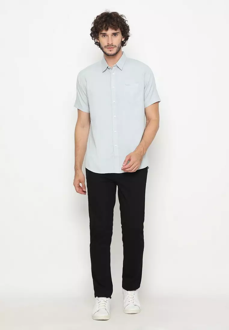 POLICE Kemeja Polos Basic Cotton Soft Grey Regular Fit Pria