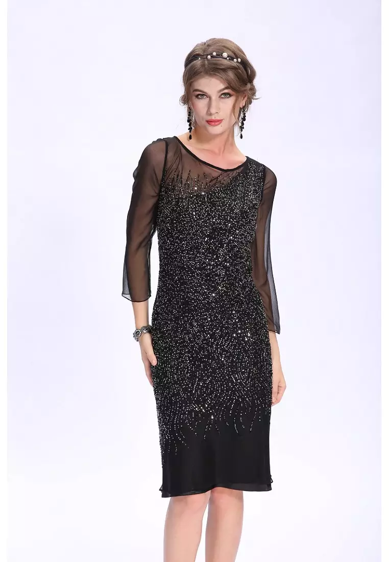 時尚釘珠短袖領修身晚裝短裙