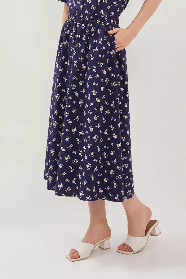 Minimal - Olivia - Rok Midi Motif Bunga - Blue Warna Blue