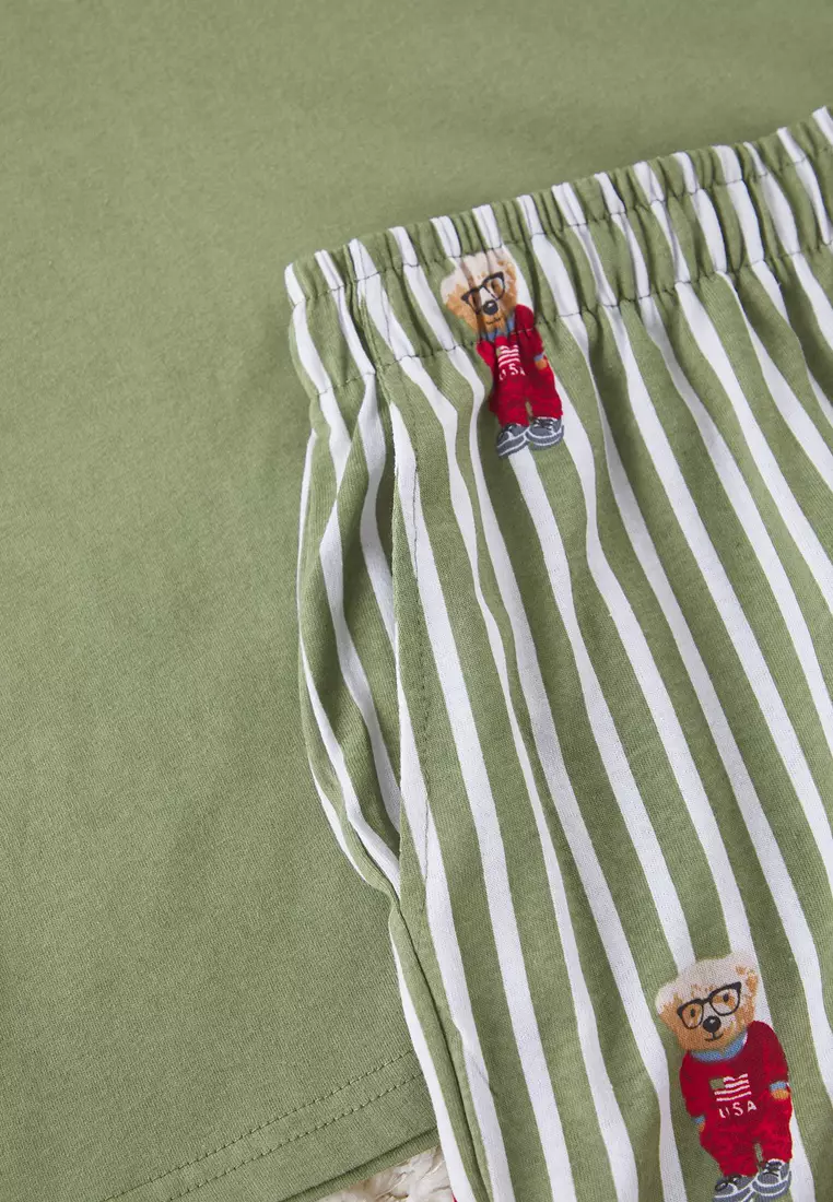 Khaki Regular Fit Printed Knitted Shorts Pajama Set TMNSS24PT00034