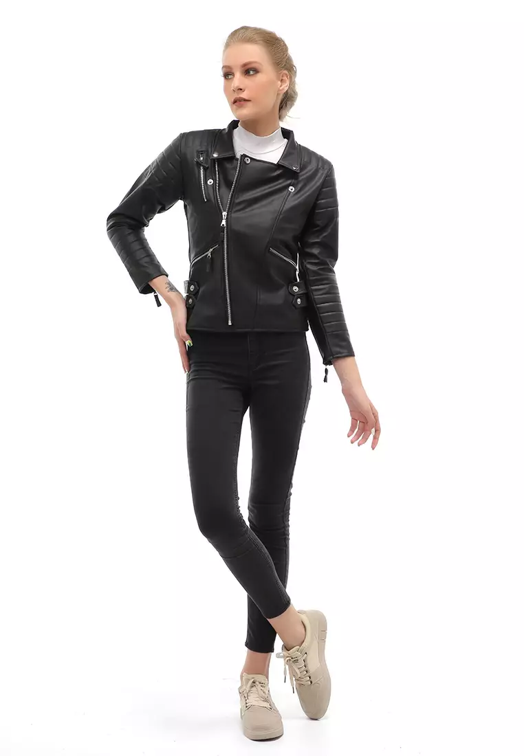 Glenice Jacket Outer Wanita Lengan Panjang Windproof Zipper Pocket Material Leather ORIGINAL