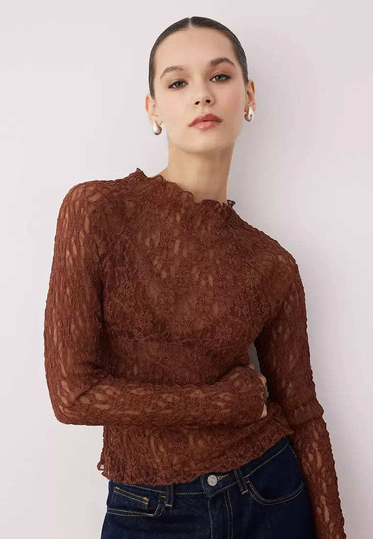 Buy Trendyol Brown Fitted/Bodycon Raglan Sleeve Lace Long Sleeve ...