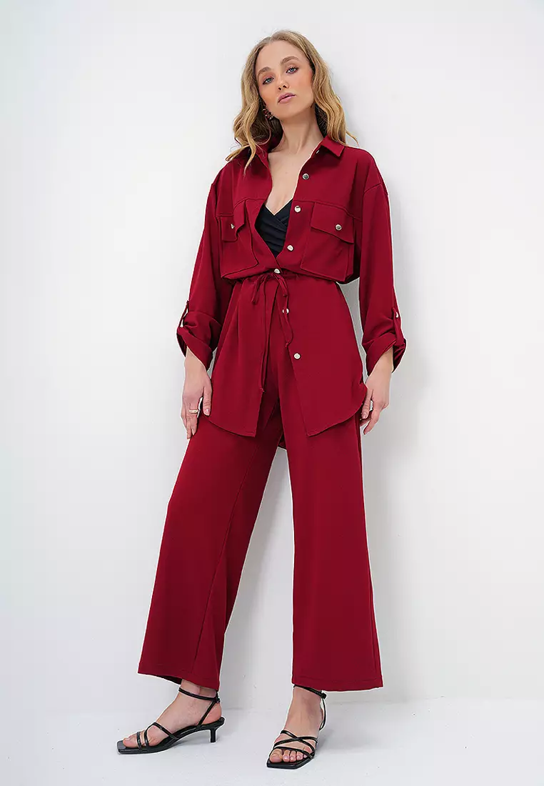 Double Pocket Safari Jacket and Elastic Waist Wide Leg Aerobin Pants Suit