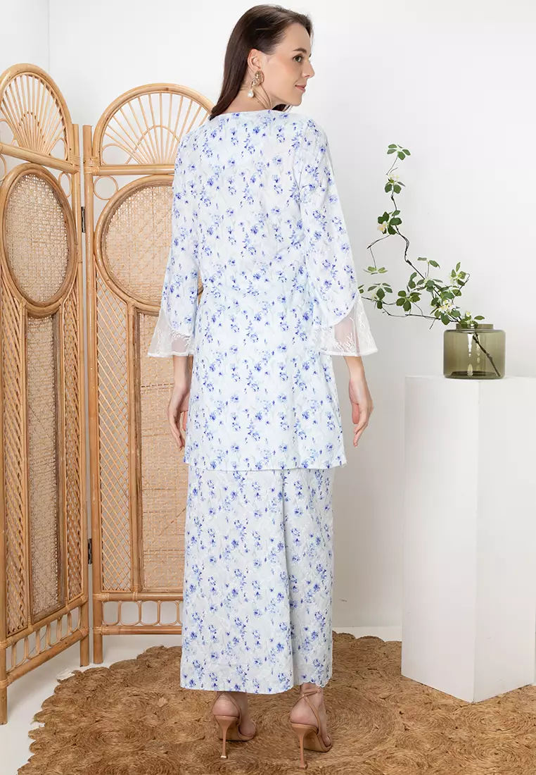 ANGGUN Lace Sleeves Cotton Embroidery Kurung Kebaya Modern in Blue