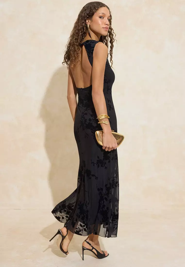 Black Floral Patterned Flock Tulle Lined Maxi Dress Tprss26El19