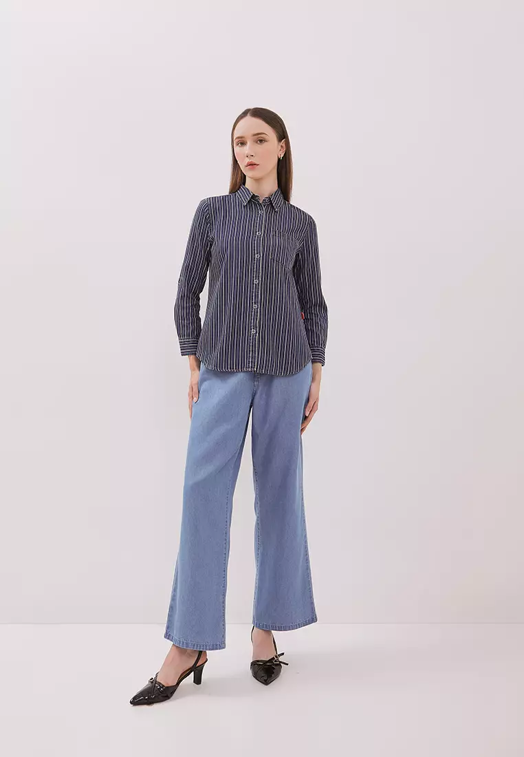 DUST Kemeja Denim Ansel Garis Biru Tua (D.116488)