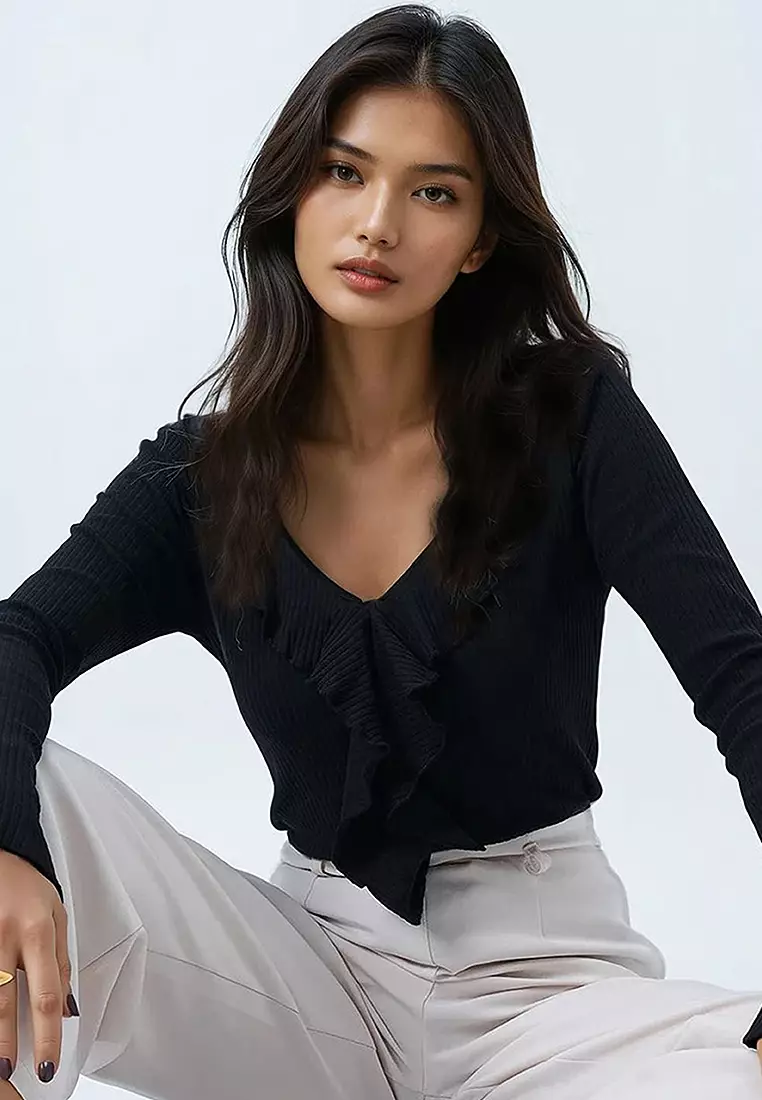 V-Neck Ruffle Front Blouse