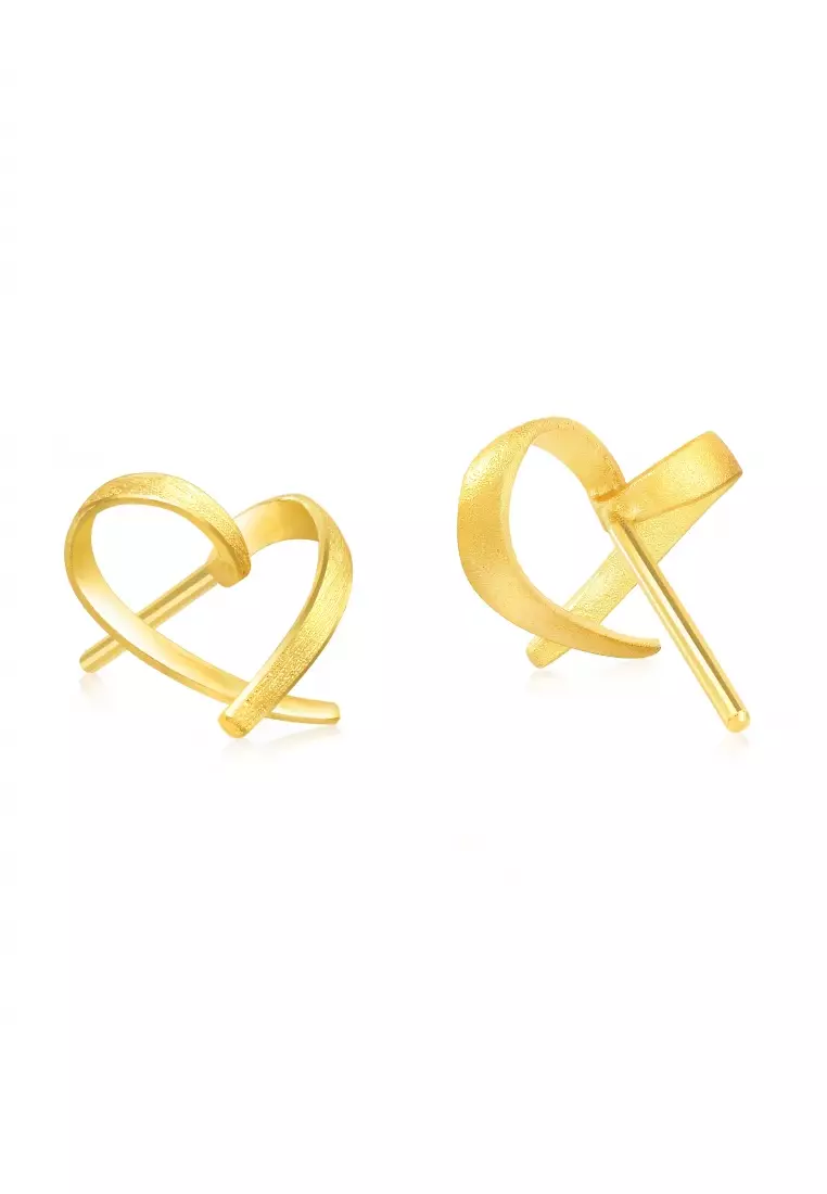 999.9 24K Solid Gold Simple Lovely Heart Stud Earrings for Women 68738E