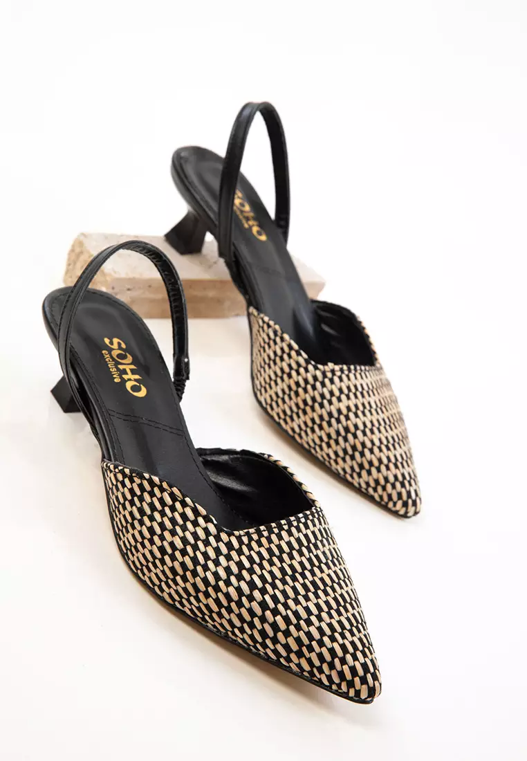 Black-Beige Women's Classic Heeled Shoes 20650