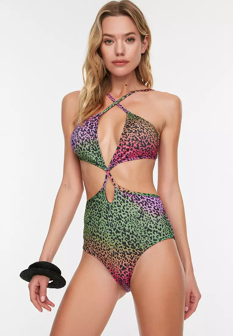 Leopard Print Deep V One Piece Swimsuit