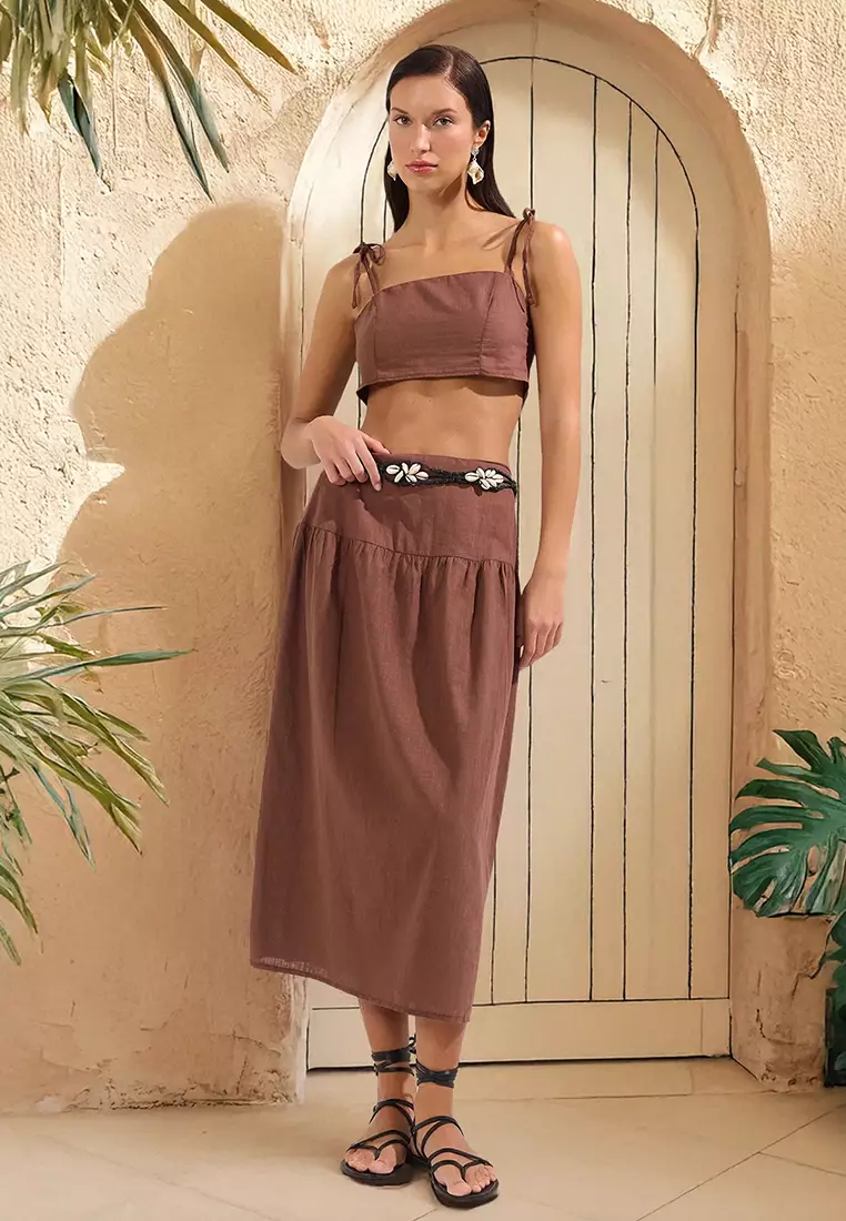 Brown Woven Flamed Cotton Beach Blouse Skirt Set TBESS25AU00073