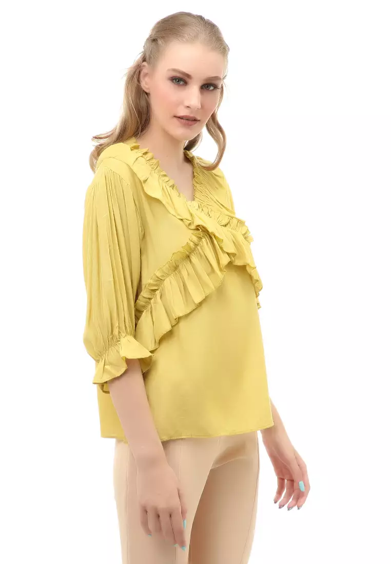 Cheva Blouse Atasan Kasual Wanita Long Sleeve Pita Depan Staylish Material Cotton ORIGINAL - Yellow