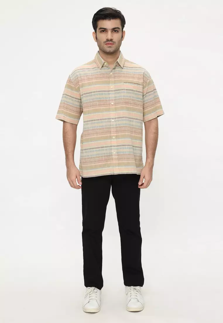 POLICE Kemeja Salur Printing Khaky Orange Regular Fit Pria