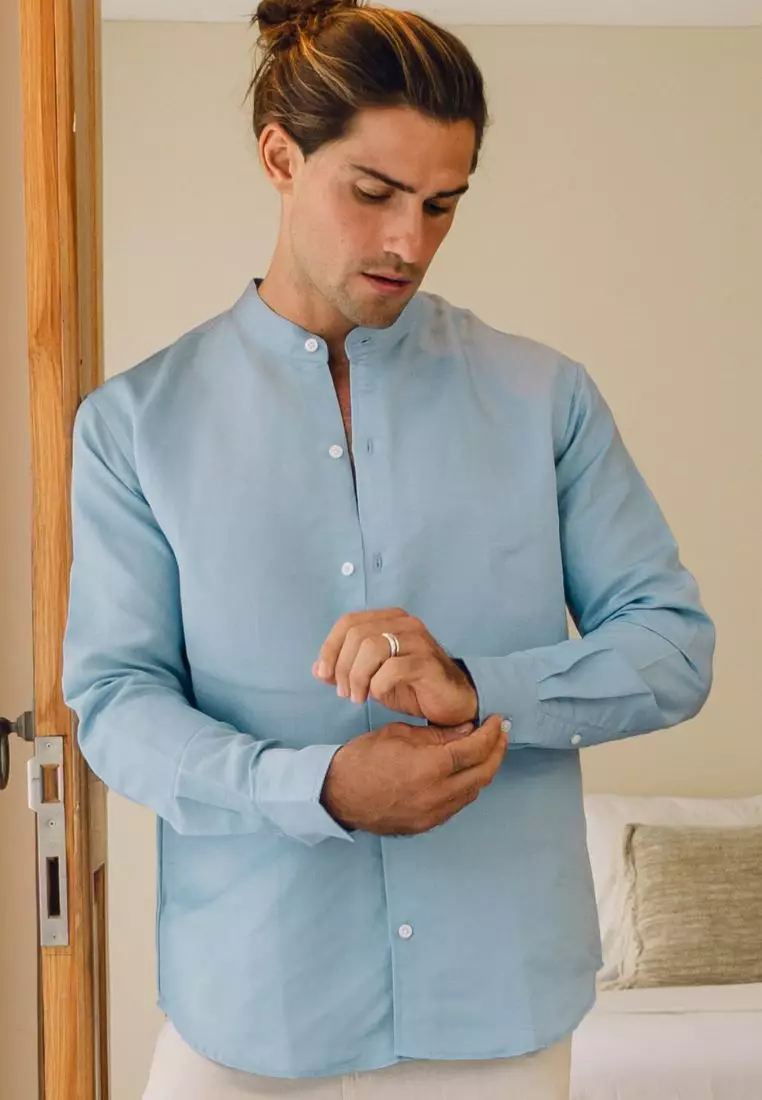 Playa Kemeja Linen Lengan Panjang Pria Biru | Linen Long Sleeve Shirt Men Blue