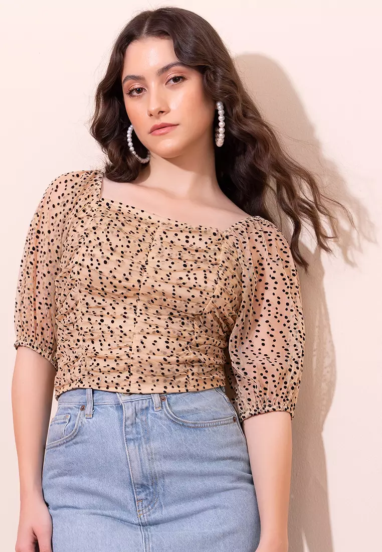 Beige Flock Print Crop Top