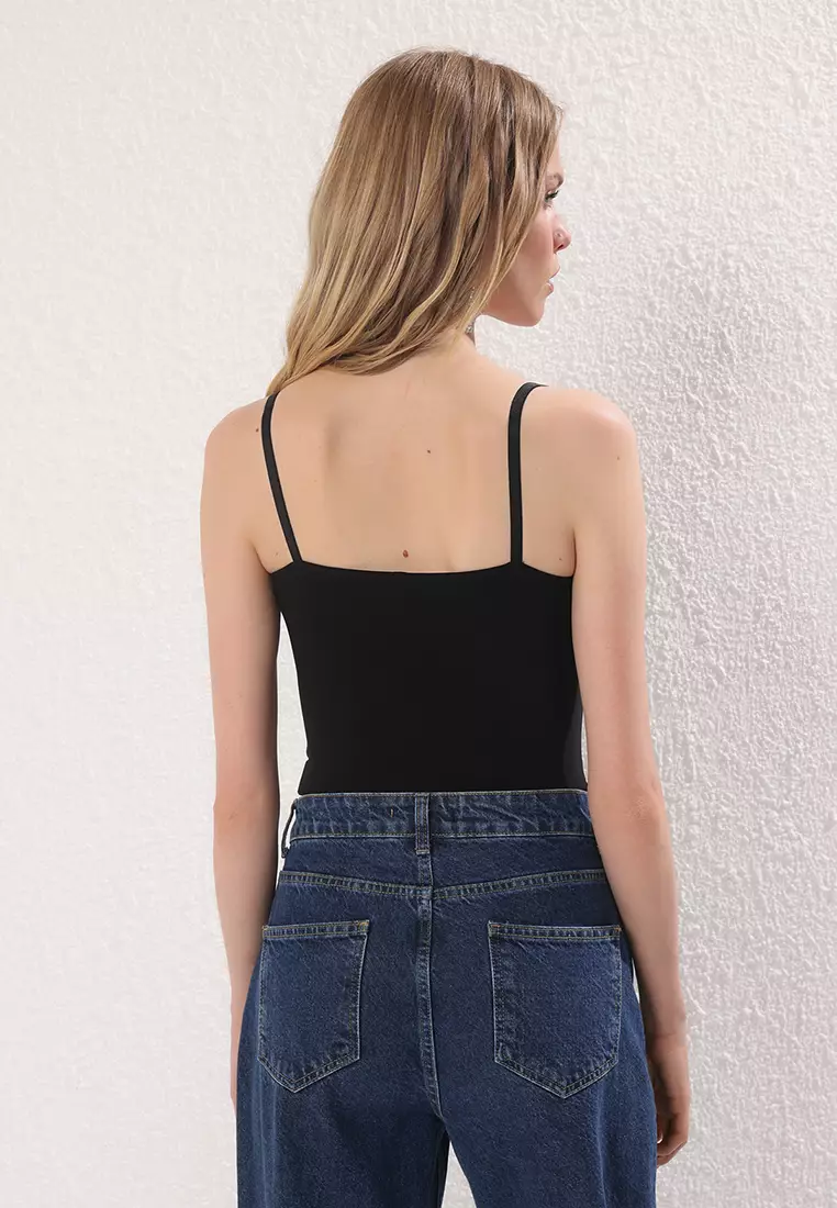 Black Strap Lace Detailed Knitted Bodysuit TPRSS25BD00016