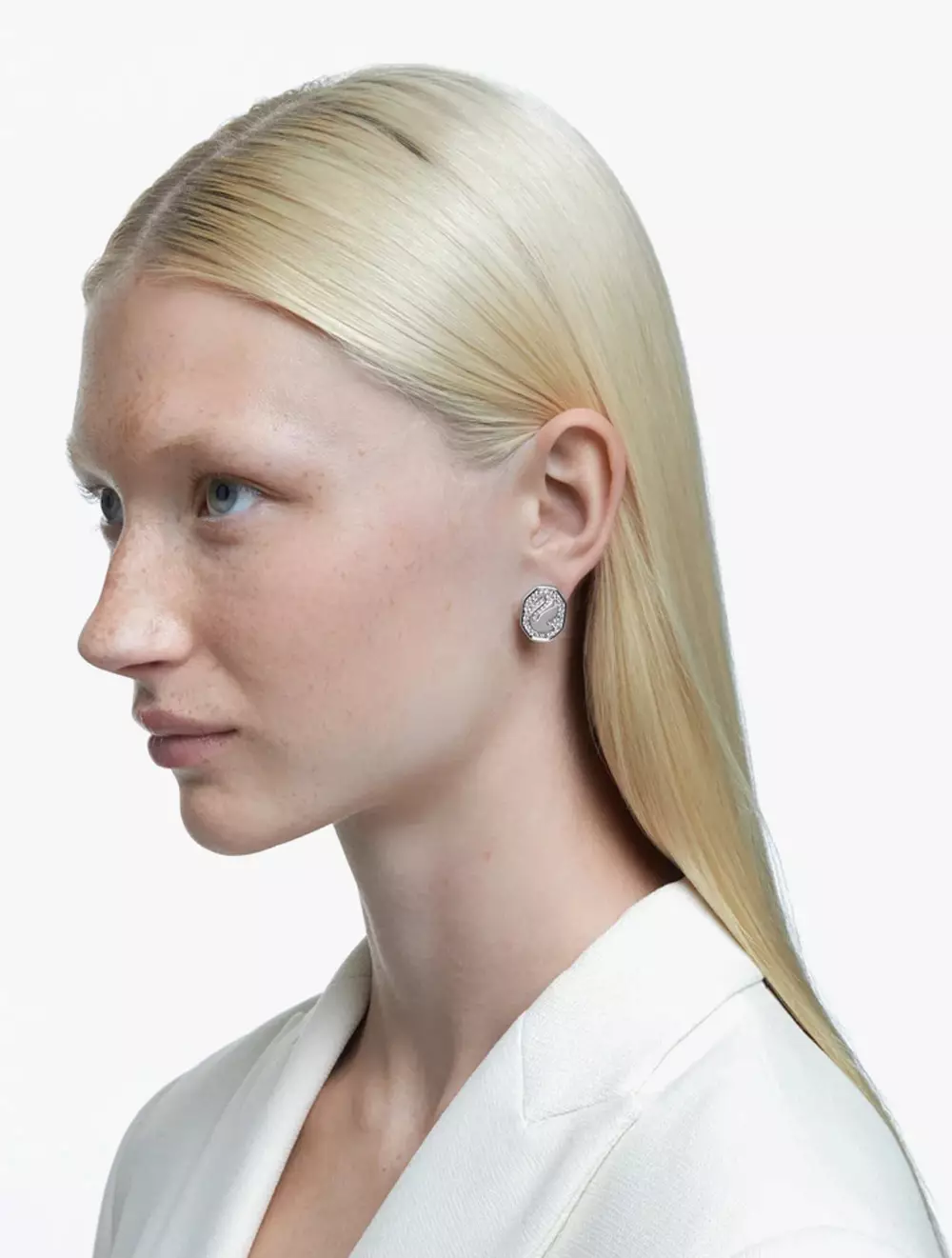 Signum Stud Earrings, Swan, White, Rhodium Plated - White