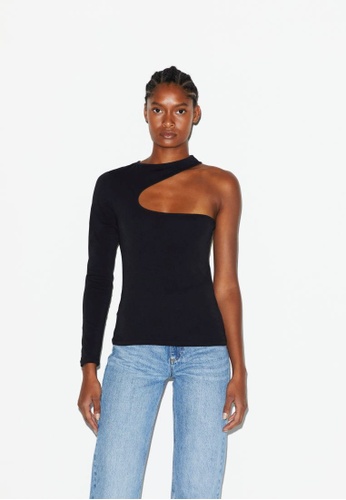 Sisley black Single-shoulder cut-out t-shirt 25C37AA5A4FB68GS_1