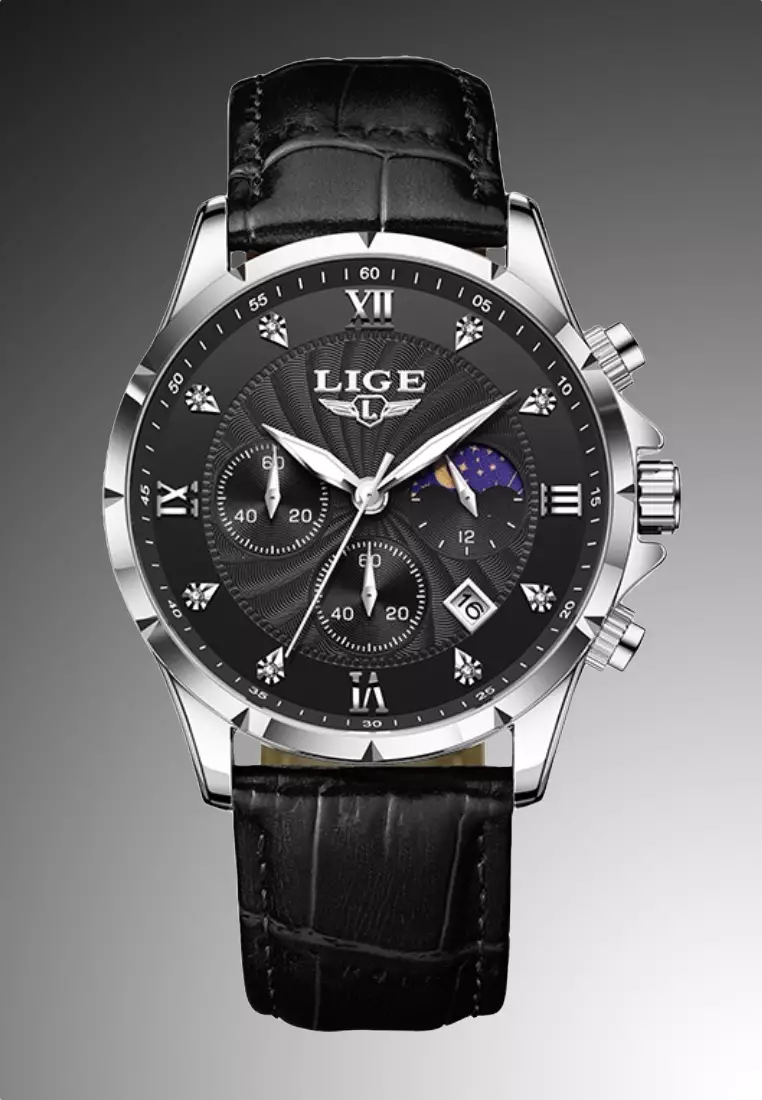 Chronograph Unisex Stainless Steel Quartz Watch, Black dial, Black Leather Strap