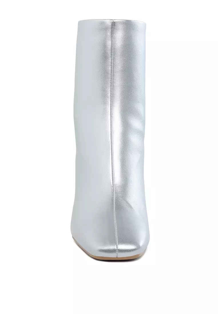 Square Toe Metallic Ankle Boots in Metallic Silver Pu