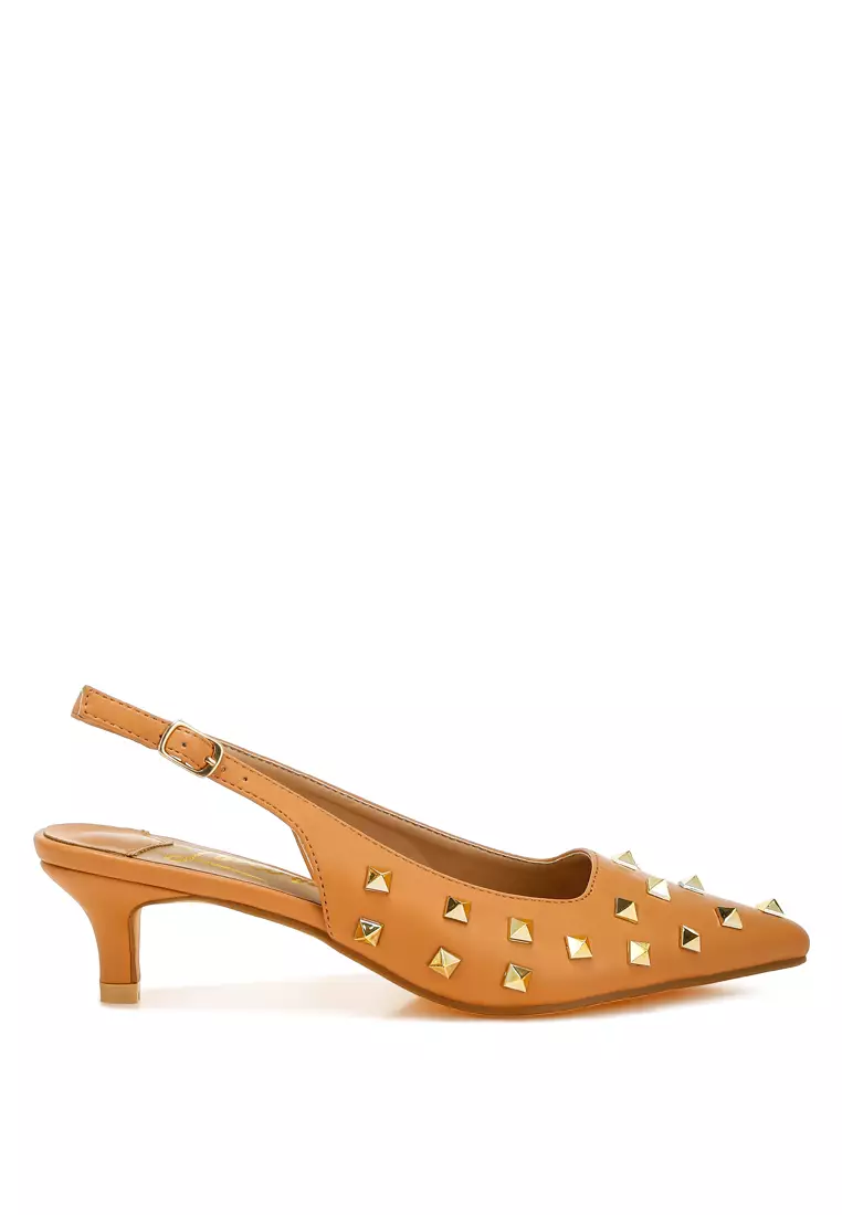 Discount on London Rag  shoes - SKU: Stud Embellished Kitten Heels in Tan