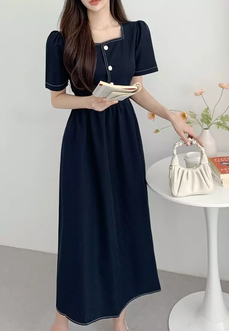 法式復古方領時尚連衣裙CA26033036BK