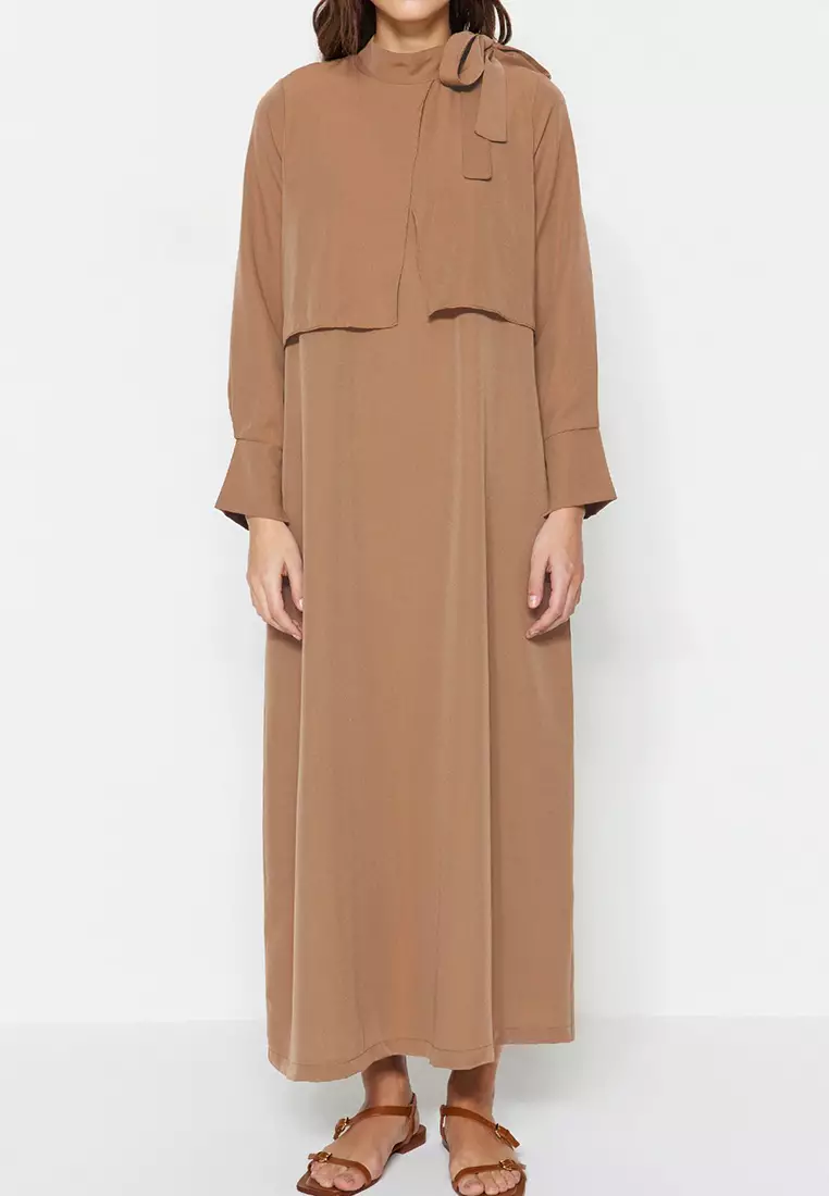 Beige Collar With Tie Detail Woven Dress Tctss23Eb00283