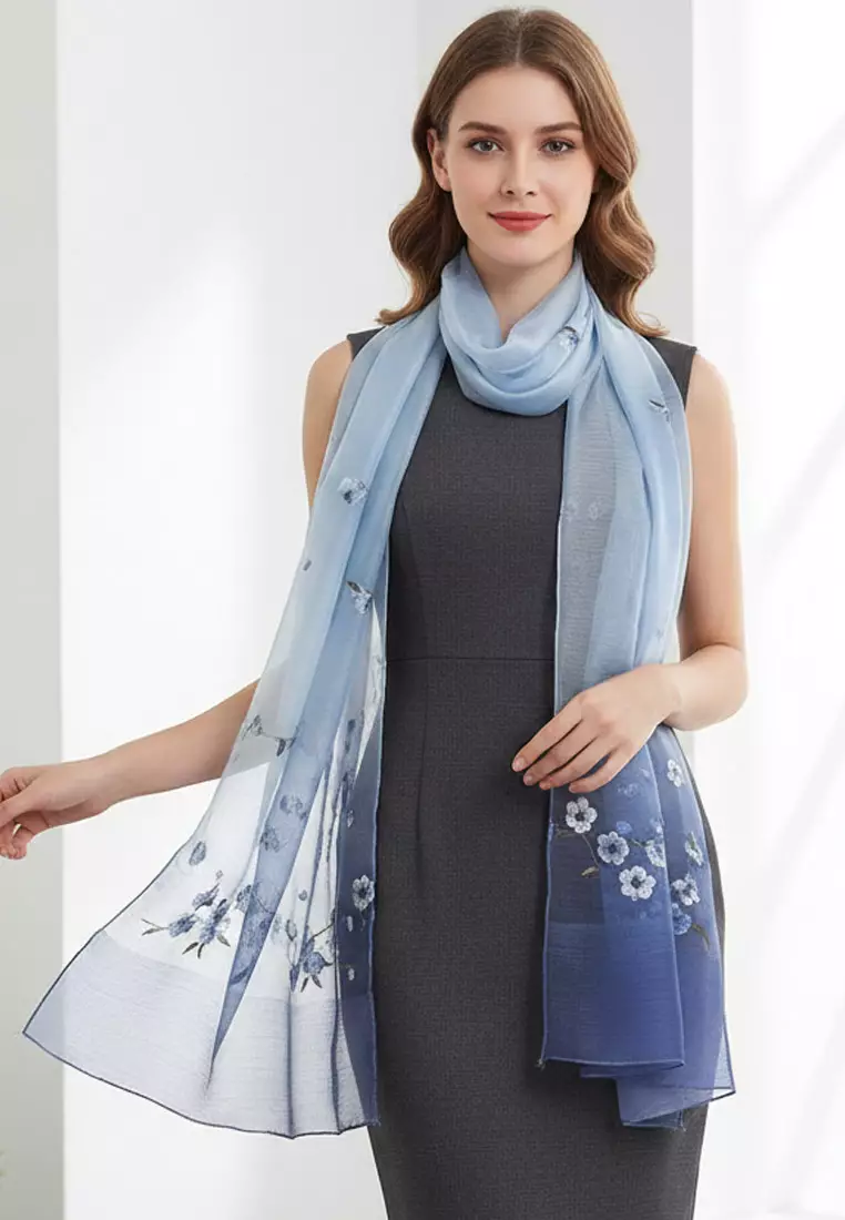 Golden Thread Gradient Embroidery Flowery Silk Shawl Syal Sutra Wanita Misty Blue 