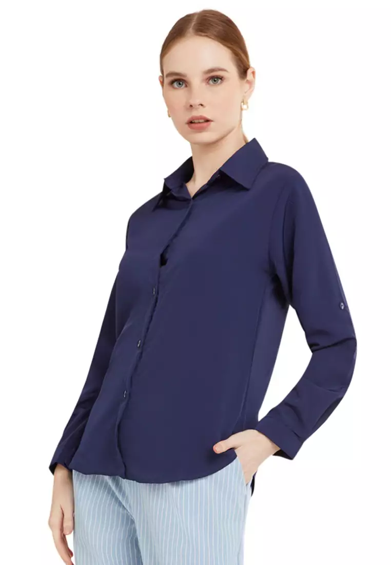 Kemeja Kerja Polos Plain Wanita Lengan Panjang Reguler Fit Premium Quality - Navy
