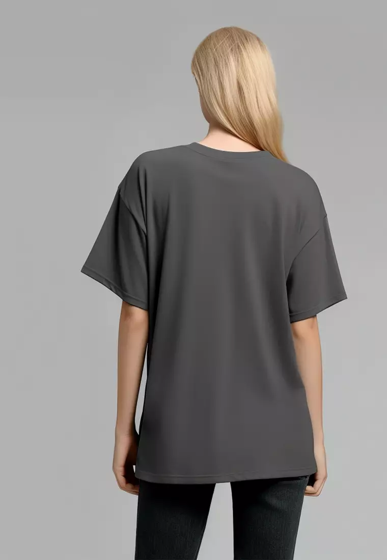 LTF38 kaos oversize wanita dark grey washed efek kaos band grunge distressed "cracked face" abu tua