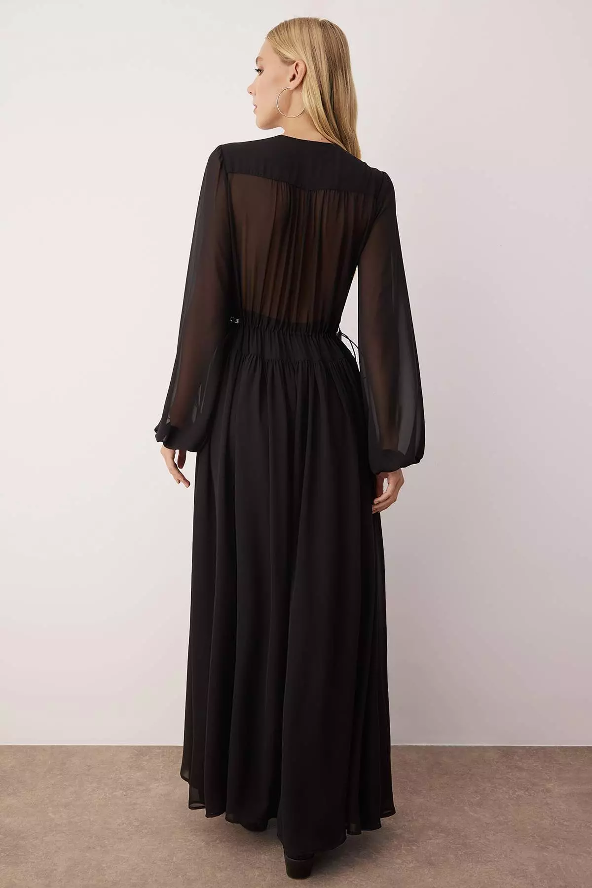 Black Gathered Detailed V-Neck Maxi Lined Chiffon Woven Dress